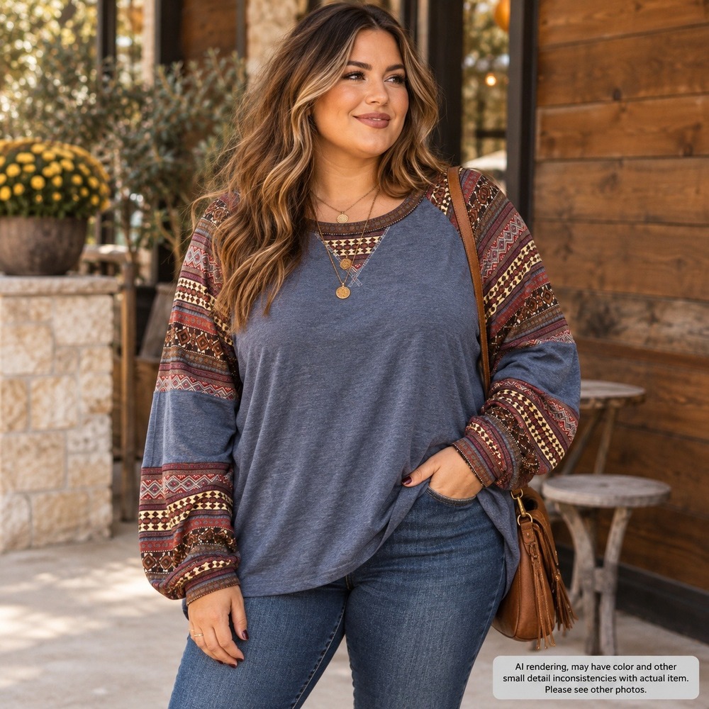 Bloomchic Plus Size 30 Blue Aztec Print Raglan Long Sleeve Boho Western Top